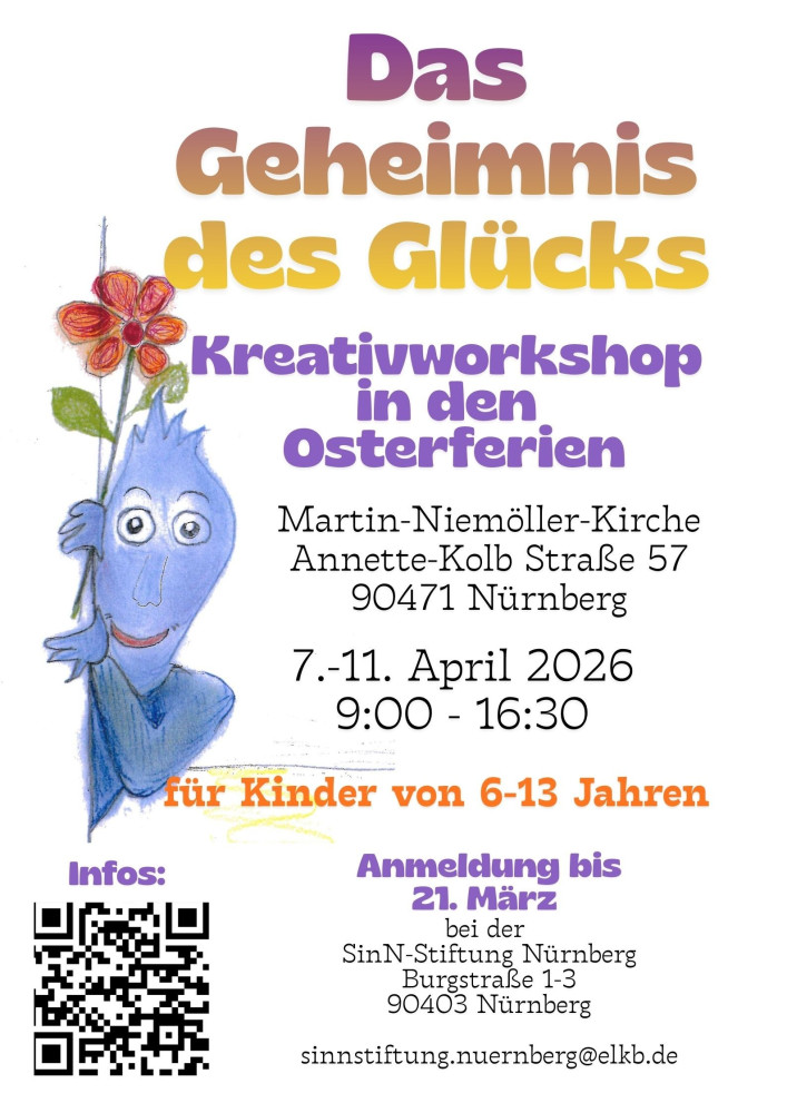 Kreativworkshop für Kinder von 6 bis 13 Jahren. Vom 7. bis 11. April 2026 von 9 bis 16.30 Uhr. In der Martin-Niemöller-Kirche in der Annette-Kolb Straße 57 in 90471 Nürnberg. Anmeldung bis 21. März via Email an sinnstiftung.nuernberg@elkb.de